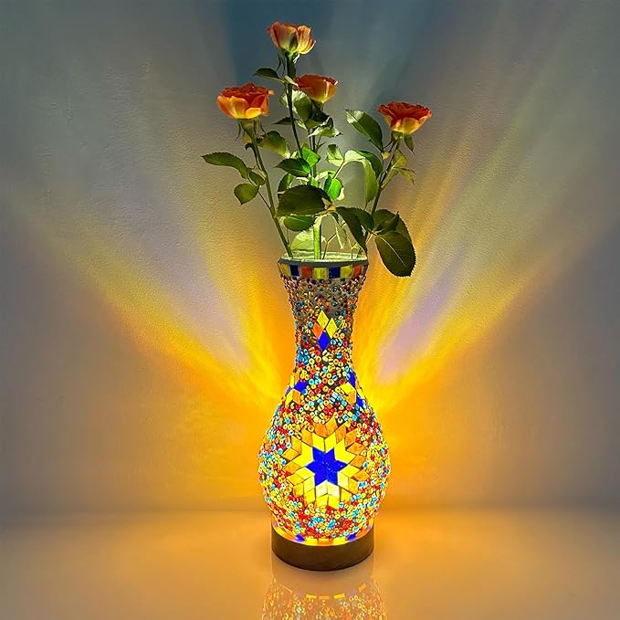 Mosaic Vase Lamp, Turkish Moroccan Table Lamp，Colorful Handmade Glass Vase with Wood Base for Flowers, USB Charge Decor Light for Bedroom Ambient Living Room Farmhouse