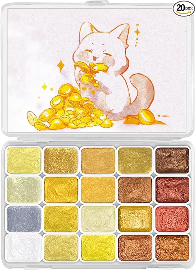Mini Glitter Watercolor Paint Set, 20 Colors Shimmer Metallic Watercolour Painting Sets, Solid Pearl Water Color Paints for Kids, Adult, 1ml Trial Pack (Gold 20)