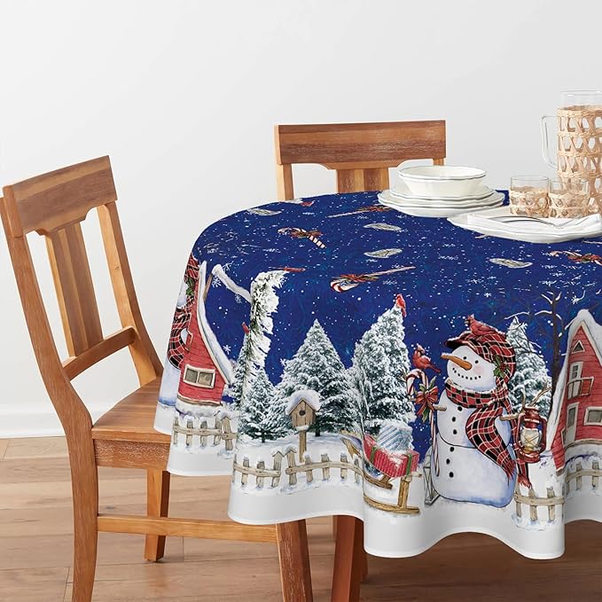Horaldaily Christmas Tablecloth 70×70 Inch Round, Winter Snowman House Christmas Trees Blue Washable Table Cover for Party Picnic Dinner Decor