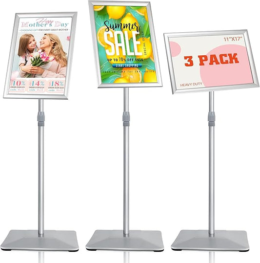 11"x17" Pedestal Poster Stand with Heavy Duty Solid Steel Base, Adjustable Floor Standing Sign Holder for Vertical and Horizontal Display, Silver 3Pack