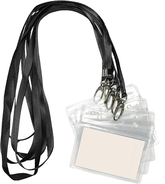 Lanyard with ID Holder 50 Pcs Waterproof Name Tag Horizontal Badge ID Card Holders ID Pass Holder and 50 Pcs Flat Neck Black Lanyards Swivel Hook