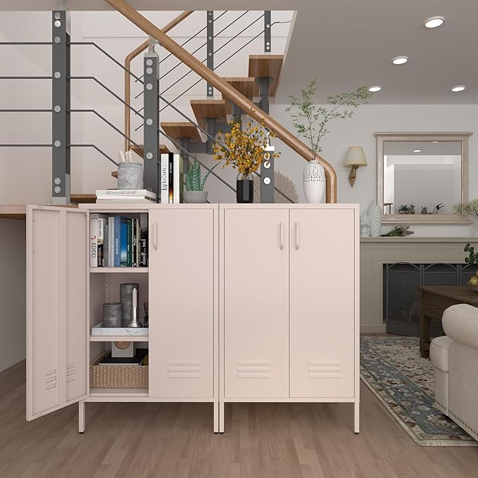 Storage Cabinet,2 Doors Locker Cabinet with Legs,Entryway Cabinet with Adjustable Shelves,Metal Locker Storage Cabinets for Office,Classroom,Bedroom,Pink