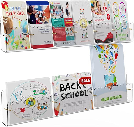 Brochure Holder Wall Mount, 2 Pack Acrylic Modular Flyer with Adjustable Magnetic Golden Bolt, Wavy Lace Pamphlet Display Stand for Organizer Trifold Flyer, Document, Leaflet, 6 Slots