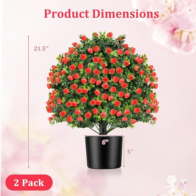 Goplus 21.5’’ Artificial Rose Topiary Ball Tree, Set of 2 Faux Potted Plants Artificial Shrubs Bushes with Flowers, Fake Evergreen Artificial Topiary for Indoor Outdoor Home Front Porch Decor