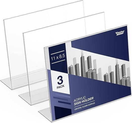 Slant Back Acrylic Sign Holder 11 x 8.5 Inches, 3-Pack Landscape Ad Frame, Flyer Display Stand. Menu and Table Sign Holder for Home, Office, Store, or Restaurant. Acrylic Stands for Paper and Signage