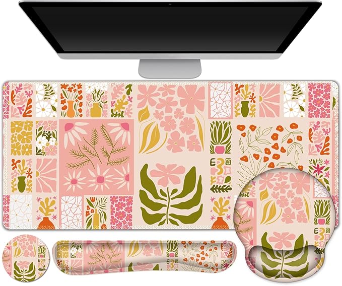 DINKY Desk Mat Mouse Pad, XXL Large Gaming Mouse Pad with Wrist Rest Wrist Support, Ergonomic Mouse Pads, Keyboard Wrist Rest, Desk Accessories Decor, Checkered Flower Plant