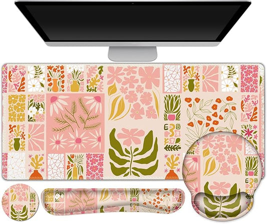 DINKY Desk Mat Mouse Pad, XXL Large Gaming Mouse Pad with Wrist Rest Wrist Support, Ergonomic Mouse Pads, Keyboard Wrist Rest, Desk Accessories Decor, Checkered Flower Plant