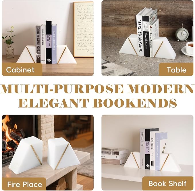 Natural Marble Bookends for Shelves, Decorative Book Ends for Heavy Books, Heavy Duty Mid Century Modern White and Gold Stone Book Holders with Brass Inlay, Unique Bookshelf Stopper Decor, Set of 2