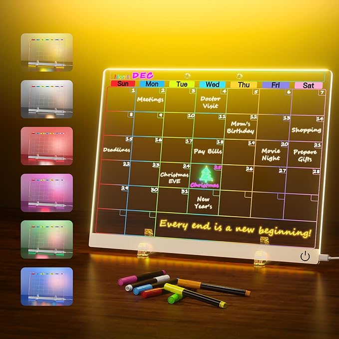 Acrylic Dry Erase Board Calendar with Light, 13.7"X10" LED Note Board with 6-Color Neon Glow Memo Monthly Planning Board for Gift/Room/Office/Wall with Stand, 7 Markers, White