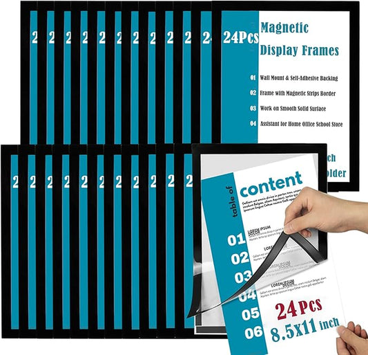 8.5x11 Magnetic Sign Holder Wall Mount,Self-Adhesive Plastic Display Frames,Clear PVC Sign Holder with Magnet Strip Border for Window/Door/Fridge/Document Notice Paper(24Pcs,Black)