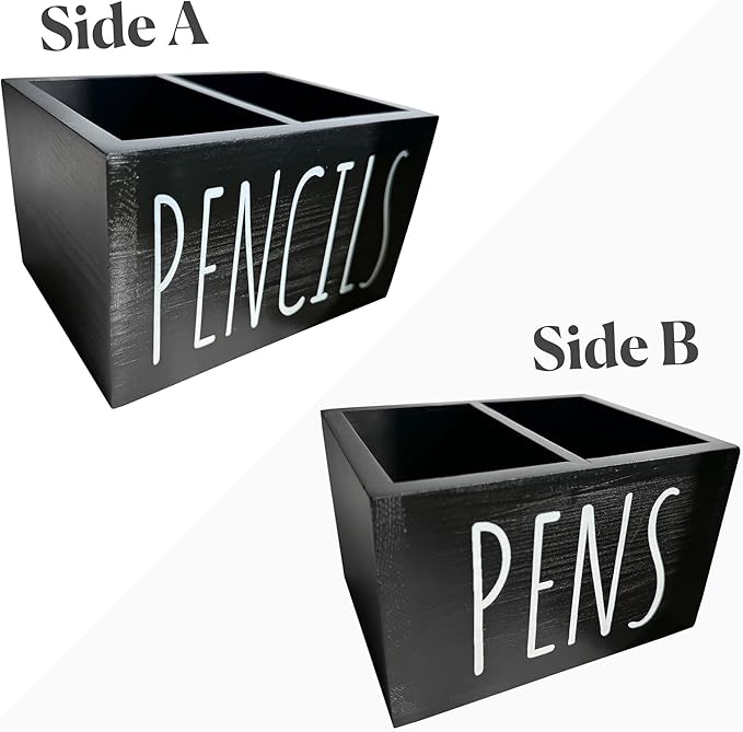 Wood Pencil Holder for Classroom - 6’’ Wooden Black Pen Holder for Desk, 2 Compartment Pen Storage and Color Pencil Organizer for Desk, Cute Stationery Supplies for Classroom, Black