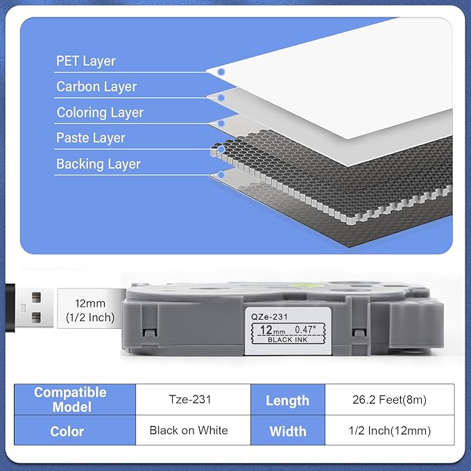 6Pack TZe-231 Tape Label Maker Compatible with Brother P-Touch TZe-231 Tape, TZE231 ½” 0.47”x 26.2 ft Laminated Black on White, for use with PT-D210, PT-H110, PT-D220, PT-D410, PT-D600