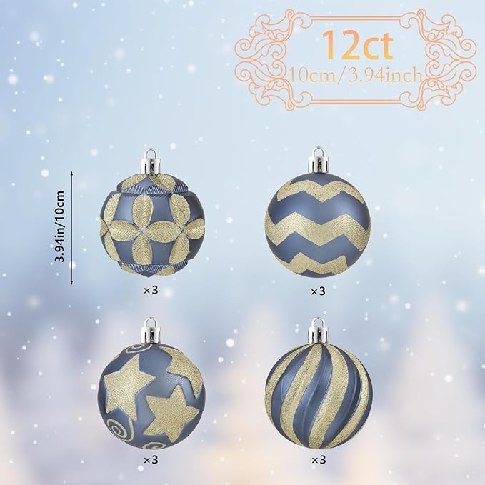 4 Inch Blue Gold Christmas Ornaments, 12Pcs Large Shatterproof Christmas Bulbs Ornaments, Big Christmas Balls Hanging Decorations for Christmas Trees Holiday Parties Malls (Blue & Gold)
