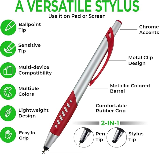 Personalized Pens With Custom Logo or Text-300 Pack Bulk-for Businesses, Parties, and Events, 2 in 1 Ballpoint Pen & Capacitive Stylus for Touchscreen Devices, Click Action, Black Ink, Red
