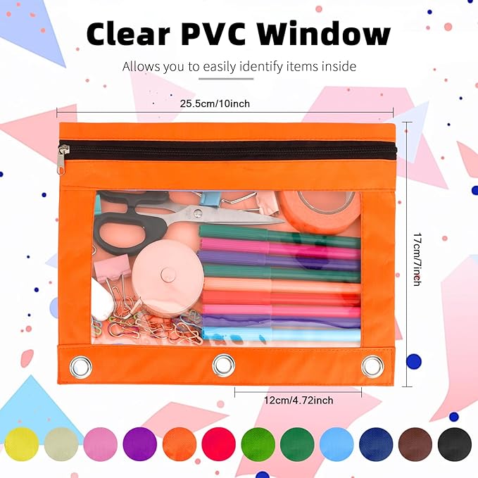 Pencil Pouch for 3 Ring Binder, 12 Pack Pencil Bags with Zipper, Large Capacity Pencil Case for Binder Assorted Color Pencil Case Pouch with Clear Window and Grommets Pencil Pocket for Office Supplies