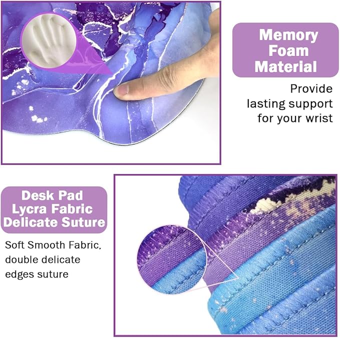 4-in-1 Gaming Mouse Pad Wrist Support Set，Desk Pad + Mouse Pad with Wrist Rest + Keyboard Wrist Rest + Coaster, Ergonomic Design for Home Office Study Game - Purple Marble