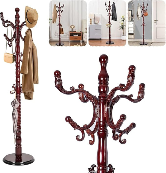 Solid Wood Coat Rack – 73" Freestanding Coat Racks Stand with 14 Hooks & Stable Round Base, Adjustable Height Modern Wooden Hall Tree for Entryway, Bedroom, Office, Home (Mahogany Round)