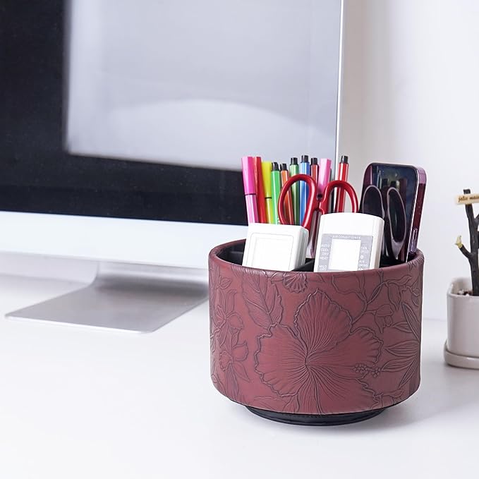 Hennaja Round Leather Art Supply Organizer,Remote Control Holder,360 Degree Spinning,Multi-Functional Pencil Holder,4 Compartments Desktop Stationary Organizer(1-Carved Dark Brown)