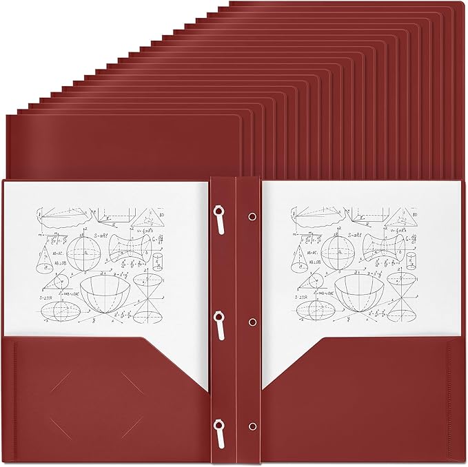 Yeaqee 30 Plastic Folders with Pockets and Prong Plastic Folders with 2 Pockets Pocket for Office, School for Students, Teachers, Office Workers (Dark Red)