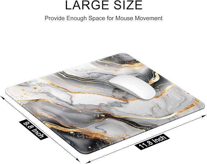 Auhoahsil Mouse Pad, 12 x 10 in Luxury Marble Theme Computer Mouse Pad for Desk, Premium-Textured Non-Slip Rubber Stitched Edges Waterproof Square Mouse Mat for Gaming Work Wireless Mice, Gray Gold