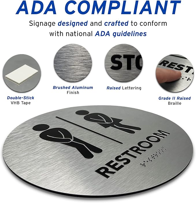 Circle Unisex Boutique Bathroom Sign by GDS - Raised Icons, & Grade 2 Braille - Includes Adhesive Strips for Easy Installation - Bathroom Signs for Business, Restroom Signs for Business, Unisex Bathroom Sign - 9” Diameter (Brushed Aluminum) - Made in USA