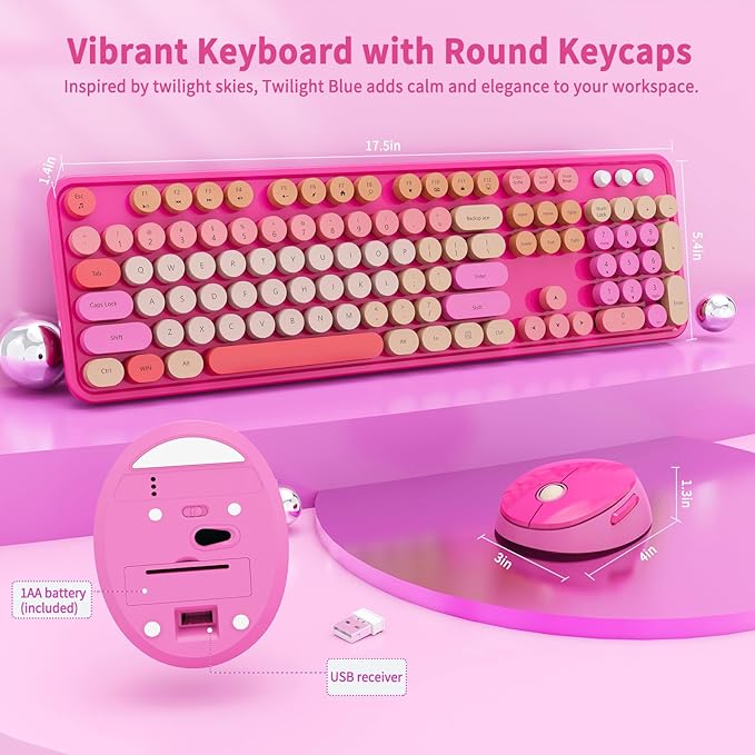 Wireless Keyboard and Mouse Combo, Retro Typewriter Keyboard with Round Keycaps, Full-Size Ergonomic, Red, Ideal for Windows PC, Home, Office, and College, Wireless Keyboard Mouse Combo