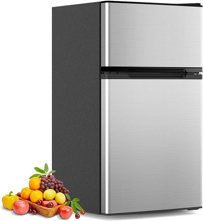 COWSAR 3.2 Cu.Ft Fridge with Freezer, Double Door Compact Refrige for Bedroom, Adjustable Thermostat, Energy-efficient Low Noise Small Refrigerator For Dorm, Office, Bar, RV, Commercial,Silver