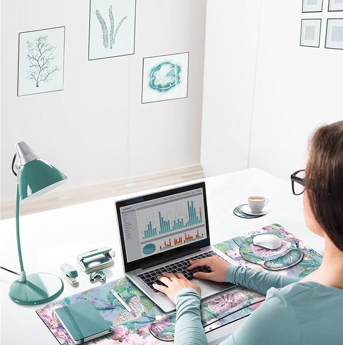 ARTSO Large Mouse Pad and Keyboard Wrist Rest, Desk Pad for Keyboard and Mouse, 4in1 Large Gaming Mouse Pad with Wrist Support, Desk Mat for Home Office Game, Retro Flowers