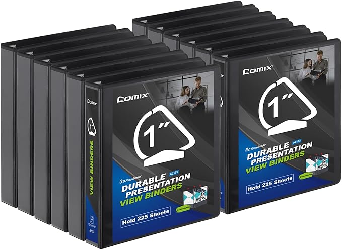 Comix D-Ring Basic View Binder 1 inch 3 Ring Binders, Hold 225 Sheets of 8.5" x 11" Paper, 12 Pack (Black)