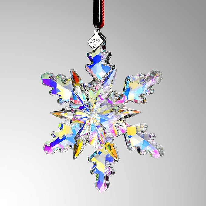 2025 Annual Edition Snowflake Crystal Christmas Ornaments,Christmas Tree Ornaments Crystal Sun Catcher Home Hanging Decor (2025 Dreamy Color)