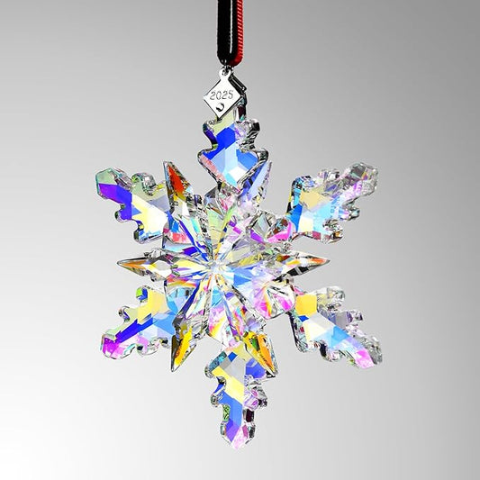 2025 Annual Edition Snowflake Crystal Christmas Ornaments,Christmas Tree Ornaments Crystal Sun Catcher Home Hanging Decor (2025 Dreamy Color)