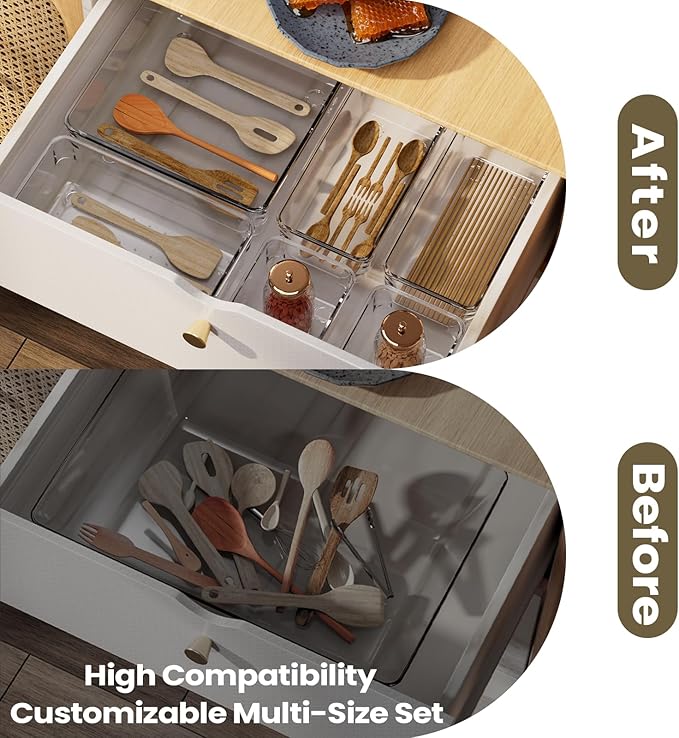 33 PCS Clear Plastic Drawer Organizer Set, 4 Sizes Acrylic Drawer Storage Trays Non Slip Storage Bins for Makeup, Jewelry, Gadgets for Kitchen, Bedroom, Bathroom, Office