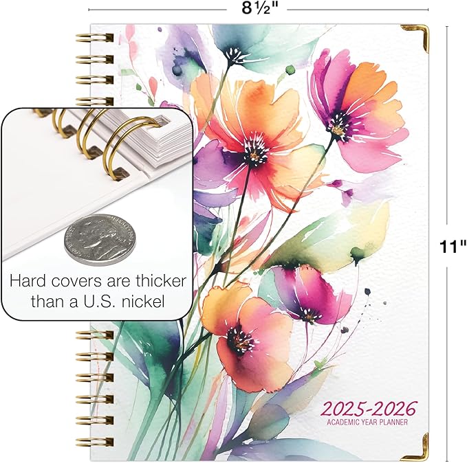 HARDCOVER Academic Year 2025-2026 Planner: (June 2025 Through July 2026) 8.5"x11" Daily Weekly Monthly Planner Yearly Agenda. Bookmark, Pocket Folder and Sticky Note Set (Rainbow Floral)