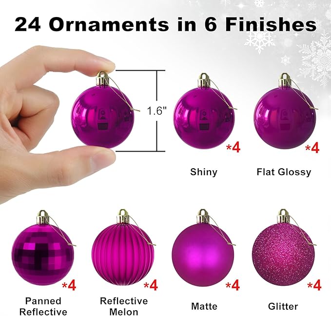 Fuchsia 1.6" Small Christmas Balls Christmas Tree Decoration Ornaments Shatterproof Hanging Balls for Birthday Halloween Holiday Wedding Decorations Set of 24pcs