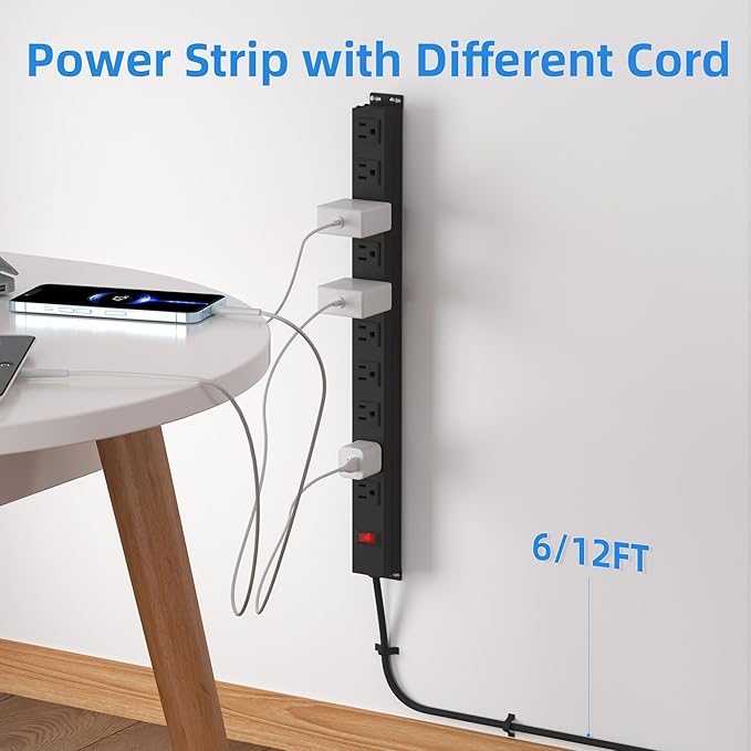 10 Outlet Metal Power Strip with 12Ft/125V/15A Long Extension Cord Black Heavy Duty Power Strip for Kitchen,Office,School,Commercial,Workshop,Industrial,ETL Certified and Listed,Black(12FT)