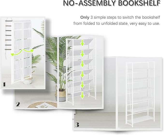 4NM No Assembly Folding Bookshelf, 6-Shelf 74" H Collapsible Foldable Bookcase Storage for Small Spaces, All White