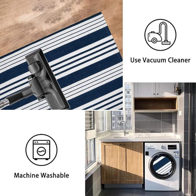 OJIA Blue and White Outdoor Rug 3’x5‘ Cotton Woven Christmas Striped Front Porch Rug Machine Washable Indoor Outdoor Rugs Farmhouse Entry Rug Layered Door Mat for Entryway/Kitchen/Laundry/Living Room