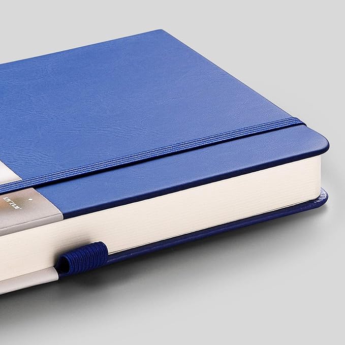 EMSHOI A5 Dotted Journal - 256 Pages with 120gsm Thick Dot Grid Paper, Hardcover Leather Dotted Notebook, 16 Perforated Pages, Pen Loop & Inner Pocket, for Bullet Journaling, 5.75” x 8.38”, Blue