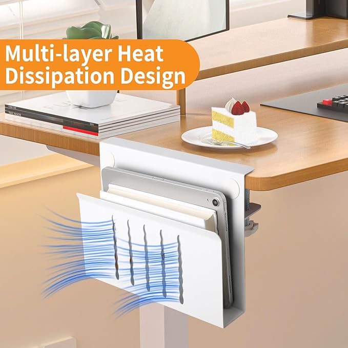 Desk Side Storage Under Desk Laptop Holder, No Drill Hanging Desk Organizer with Pen Holder, Clamp-On Table Side Tray Desktop Organization Mount for Office and Home (White)