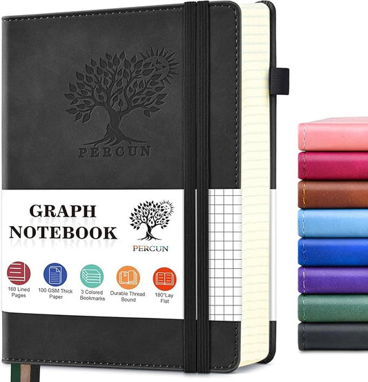 PERCUN Graph Paper Notebook, 160 Pages Grid Journal for women & men, A5 Hardcover Leather Graphing Notebook for School, Work, Travel, Note Taking 5.9”x8.5” (Black)