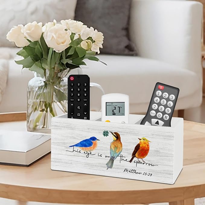 Christian Bird Pen Pencil Holder Organizer for Desk Accessories, Religious Bible Verse Scripture Wooden Box Sign Desk Decor for Home Office Decoration, Bird Lover Gifts