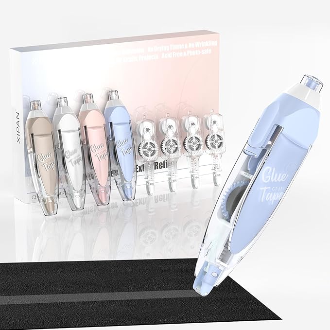 Retractable Glue Tape for Scrapbooking, 4 Pcs Double Sided Tape Roller for Crafts with 4 Extra Refills,16FT Scrapbook Tape Runner, Tape for Gift Wrapping Art Junk Journal School Office Supplies