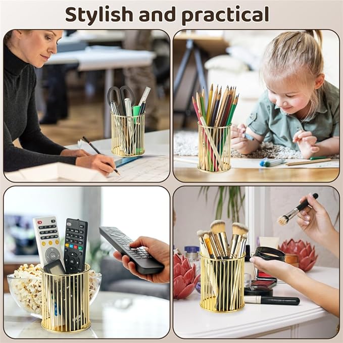 2 Pack Metal Pen Holder for Desk, Makeup Brushes Cup Holder, Pencil Holders, Pen cup, Home and Office Organizer, Gold