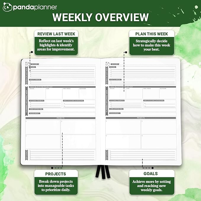 Panda Planner Pro A4 Daily Planner 2026 – 6 Month Undated Daily Productivity Planner with Large 8.5x11 Layouts, Weekly & Monthly Calendar Planner, Goal Tracker, Habit Tracker & Time Management Organizer – Dark Green