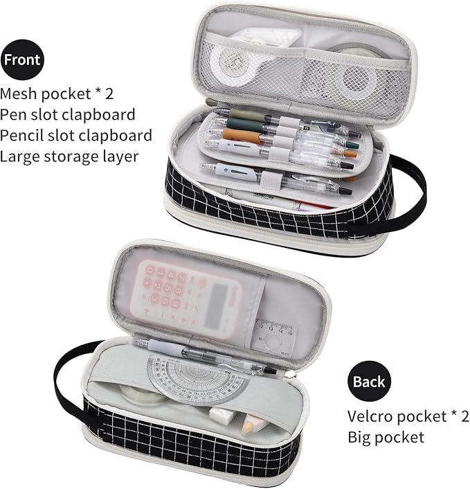 Large Pencil Case Zipper Pencil Pouch for Girls Boys Adults Kids Aesthetic Pencil Bag Organizer Big Capacity Pens Bag with Handle Portable for School Office Black-plaid