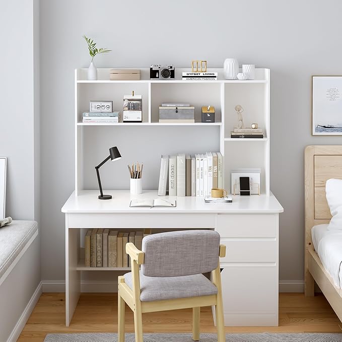 Wooden Desktop Hutch Bookshelf - Free Standing Desk Storage Shelf with Top Edge for Computer Desk, Desktop Bookcase for Dorm, Home or Office, Countertop Organizer, White, 53.2"