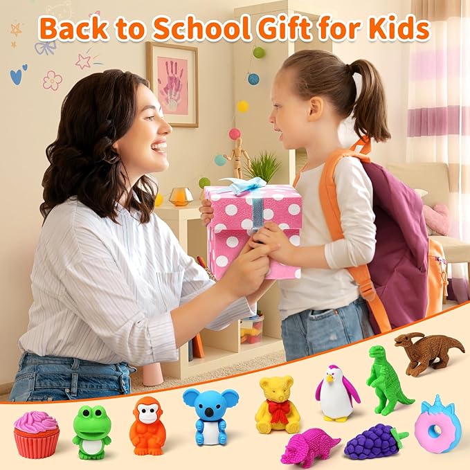 Arscniek 40 Pack 3D Puzzle Animal & Food Erasers for Kids, Take Apart Mini Pencil Erasers, Bulk Party Favors, Classroom Prizes, Treasure Box & Stocking Stuffers