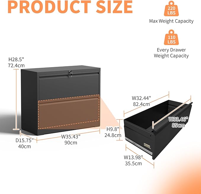 KEIKI 2 Drawer Lateral File Cabinet with Lock, Metal Filing Cabinet, Wide Storage for Letter/Legal/A4/F4, Anti-Tilt Safety, Quiet Full-Extension Slides for Home Office, Black