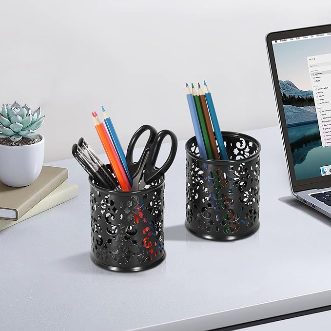 EasyPAG 2-Pack Round Carved Hollow Pen Holder with Non-Slip Base, 3.75" Vibrant Desk Organizer for Office/Home/Makeup, Black