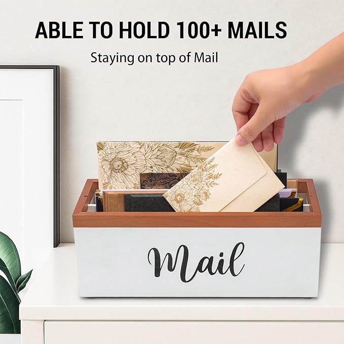 100% Real Wood Mail Organizer for Countertop, Dual-Sided Mail Script Design, Mail Holder for Office, Desk, Entryway Table, Rustic Farmhouse Style, Great Home Decor Gifts